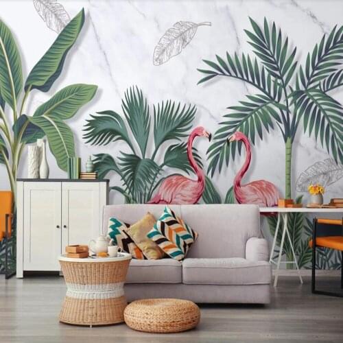 Milofi custom 3D wallpaper mural European-style hand painted tropical plant leaves flamingo background wall decoration painting