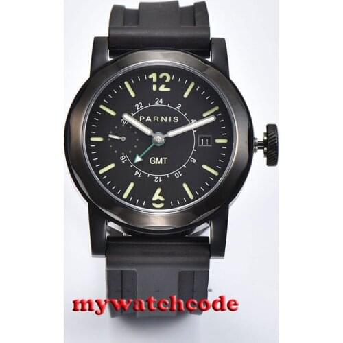 44mm Parnis black sandwich dial Sapphire glass big crown black leather strap PVD case sea-gull GMT Automatic Mens Watch P709