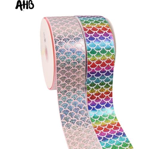 AHB Mermaid Printed Ribbon 75MM Laser Crafts Ribbon DIY Wedding Party Home Textile Decoration Handmade Gift Packing Materials 2Y