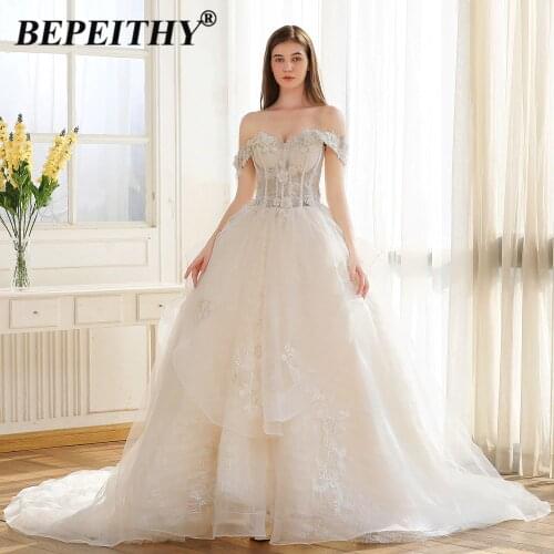 BEPEITHY Princess Lace Wedding Dress Glitter Tulle With Flower For Women Court Train Off The Shoulder Bridal Gown Robe De Mariee