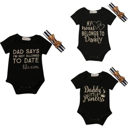2017 Active Casual Newborn Infant Baby Girl 3 Style Short Sleeve O-Neck Covered Button Letter Print Black Bodysuit Headband 2PCS