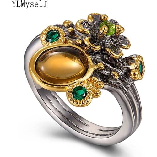 Ethnic Brown stone ring anel female Brown color jewellery high quality Flower Finger ring Top quality Jewelry for women
