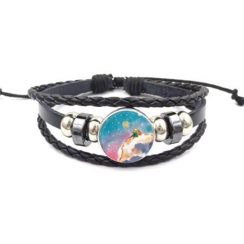 EJ Glaze For Women Glass Cabochon Maxi Black Leather Bracelet Bangle Jewelry Cute Little Prince
