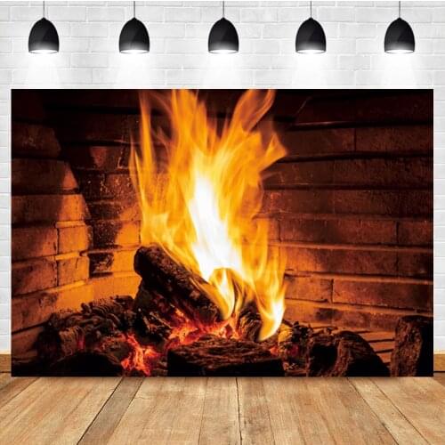 Laeacco Fire Flame Winter Fireplace Brick Wall Christmas Party Birthday Photo Background Photographic Backdrop For Photo Studio