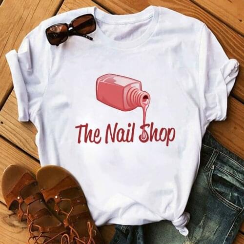 Womens T-shirt Harajuku Graphic T-shirt Nail Polish Printing Short Sleeve Top T-shirt Fashion Casual T-shirt White Tee Female