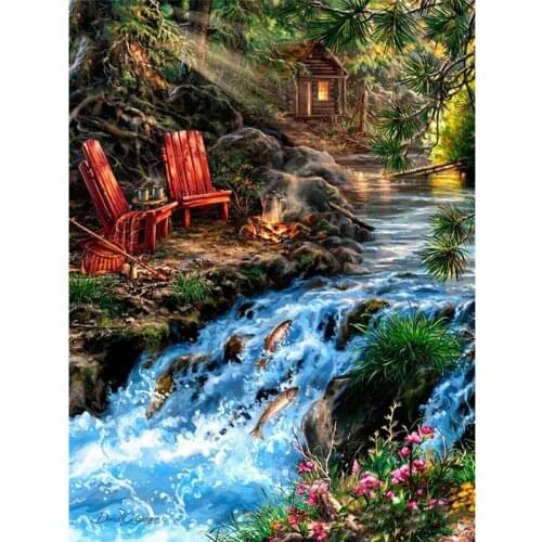GATYZTORY DIY Oil Painting By Numbers For Adults Forest River Landscape Picture Handmade Framed Drawing On Canvas Wall Photos