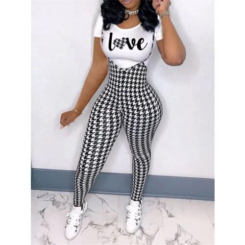 Two Piece Set Women 2021 Summer Short Sleeve Print T-shirt Top and Plaid Overalls Fashion Ladies Club Sexy 2pcs Set Plus Size