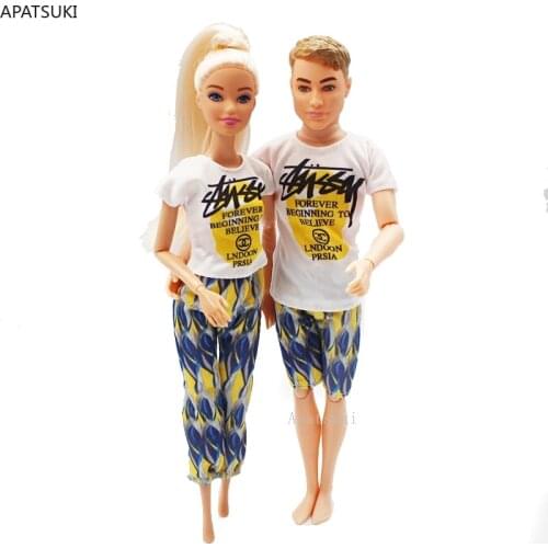 2sets/lot Fashion Clothes Set for Barbie Doll Outfits Couple Lover White T-shirt Pants Shorts for Ken Boy Dolls Accessories 1/6