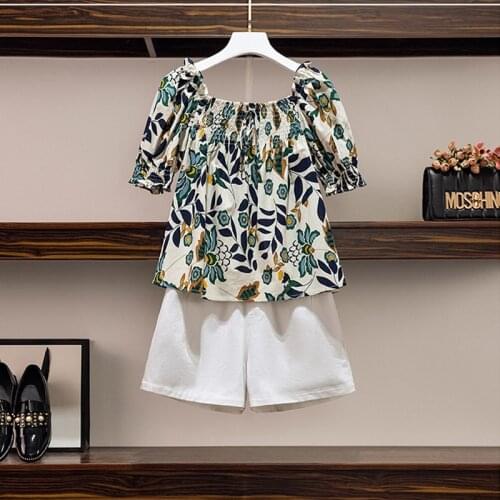 2021 new fashion womens two piece set Fresh Flowers off-the-shoulder loose blosue top + elastic waist shorts suit clothing chic