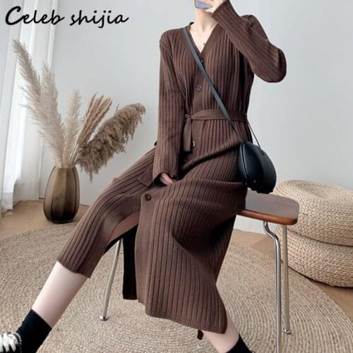 Single Breasted Knitted Long Dress for Woman Winter Autumn 2021 Lace Up V-neck Sweater Dresses Korean Fashion Brown Knitwear