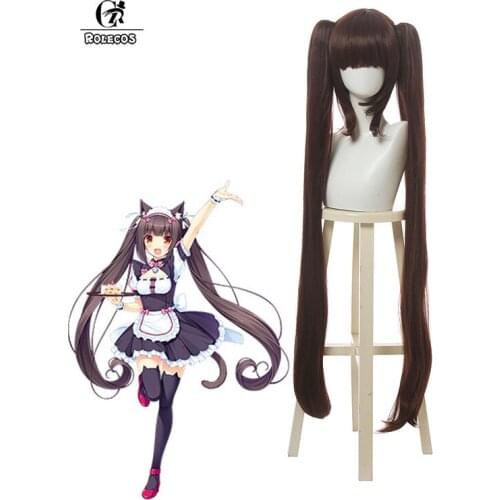ROLECOS Nekopara Chocola Cosplay Wig Game Nekopara Maid Chocola Cosplay Headwear 105cm Long Women Wig Bunches Synthetic Hair