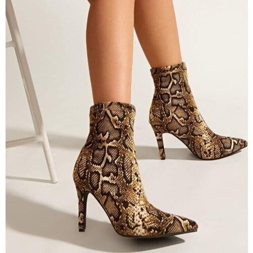Sexy Fashion Autumn Winter Ladies Ankle Boots Snake Pattern Sleeve Stiletto High Heel Pointed Toe Nightclub Women Short Boots