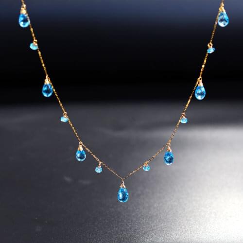 DAIMI 18K Gold Genuine Gemstones Water Drop Blue Topaz Pendant Fashion Gypsophila Necklace For Girlfriend