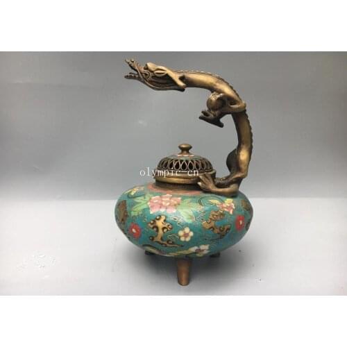 9'' bronze copper cloisonne enamel carved dragon censer incense burner statue