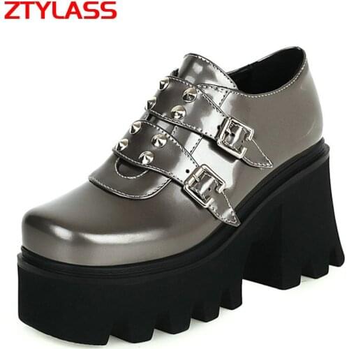 Big Size Women Pumps 35-44 Fashion Buckle Platform Shoes Women Square Toe Rivet Dress Pumps Thick High Heel Womens Shoes
