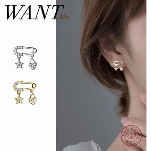 WANTME Fashion Korean Charming Zircon Pin Stud Earrings for Women Genuine 925 Sterling Silver Star Love Pendant Earrings Jewelry