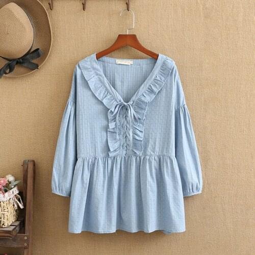 Plus Size T Shirts Summer Tops V-Neck Flounce Stitching Long Sleeves Cotton Jacquard Fabric Long Sleeves Shirt For Fatwomen