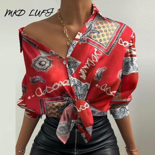 Multi Print Button Design Lantern Sleeve Shirt Tops for Women