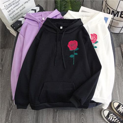 Womens long-sleeved hoodie sweatshirt plus size Harajuku rose flower print autumn and winter pocket drawstring top