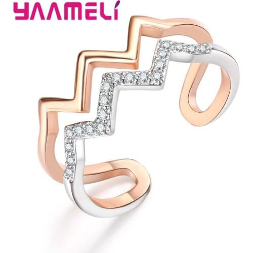 Wave Shape Women Wedding Jewelry Vintage Sparkly Rose Gold Crystal Rhinestone Adjustable Rings For Women Party Jewelry