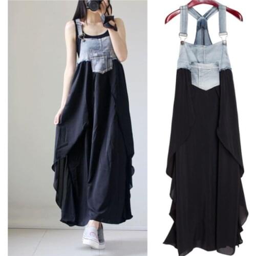 New classic Women Summer Braces Dress Denim Patchwork Maxi Dress Bottom High Waist Loose Casual Beach Dress