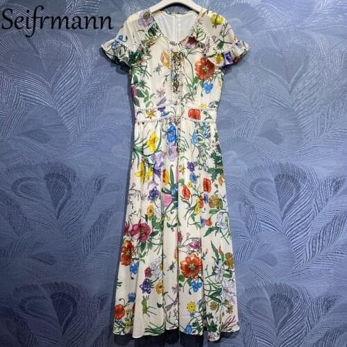 Seifrmann New 2021 Summer Women Fashion Designer Party A-Line Dress Sexy V-Neck Gorgeous Ruffles Beading Floral Printed Dresses