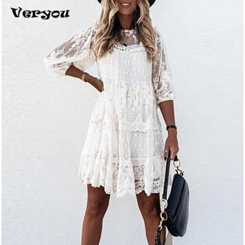Women Elegant Lace Embroidery Party Dress Fashion Vintage Ruffle 3/4 Sleeve Dresses Ladies Sexy O-Neck Solid Sheer-Mesh Dress