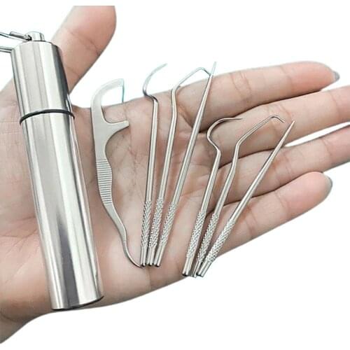 8pcs/set Portable Stainless Steel Toothpick Bag Set Reusable Metal Toothpicks with Holders for Outdoor Picnics Camping