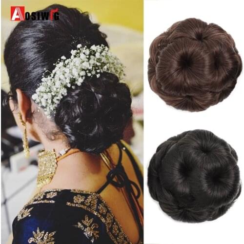 AOSIWIG Black Brown Synthetic Elastic Flowers Bun Curly Chignon Clip in Ponytails High Temperature Fiber Fake Hair Extensions