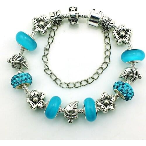 Free Shipping Fashion Link Bracelets Silver Plated Blue Murano Rhinestone Beads Infinity DIY Women Bracelets & Bangles Jewelry