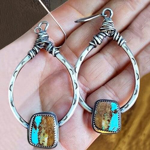 Bohemian Hollow Out Metal Turquoises Stone Earrings Exaggerated Jewelry Indian Tribal Water Drop Dangle Earring Brincos O3D399