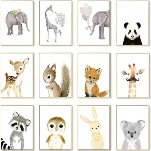 Childrens Room Decoration Painting Nordic Modern Cartoon Animal Elephant Baby Girl Nursery Wall Art Panda Squirrel Posters