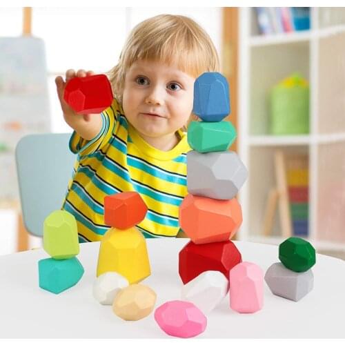 Wooden Rocks Stone Wood Balancing Stacked Baby Building Block Toys Educational Montessori Toys