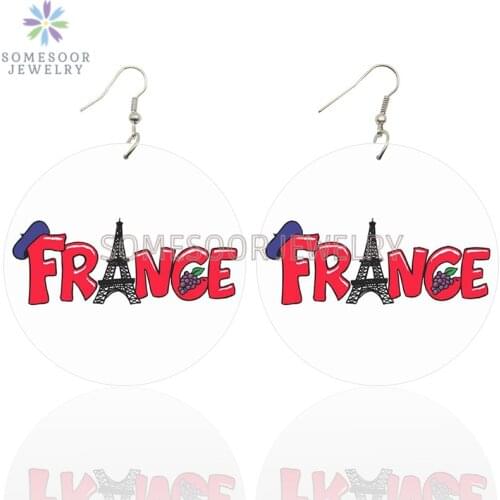 SOMESOOR France Symbol Eiffel Tower Wooden Drop Earrings Spain United Kingdom Flag Printed Loops Dangle Jewelry For Women Gifts