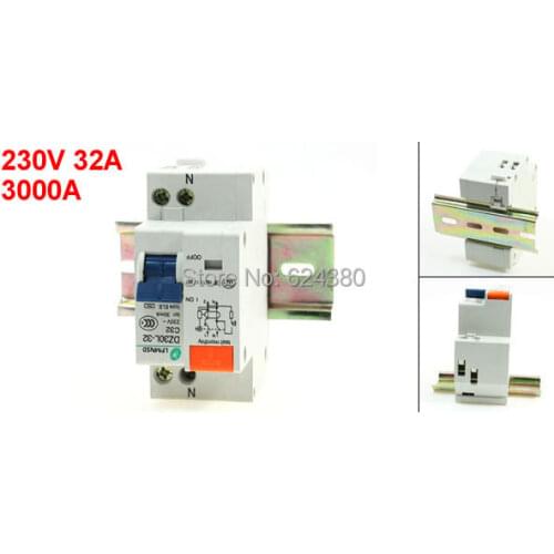 DZ30L-32 C32 AC 230V 220V 32A 1P + N 1 Pole Phase 3kA Household Earth Leakage Circuit Breaker Overload Protection + Lead Rail
