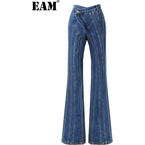[EAM] Asymmetrical Spliced Oblique Waist Placket Trousers New Loose Fit Pants Women Fashion Tide Spring Autumn 2021 1DD2264