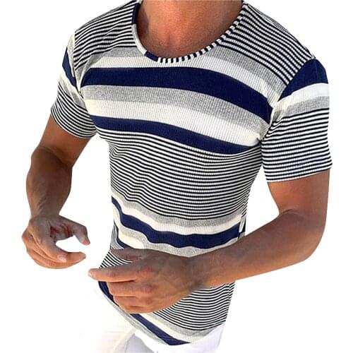 Mens Knitted Summer T-shirts Tops O-neck Striped Casual Short Sleeve Running Gym Clothing Tshirt Men Fitness Slim Fit Sports Tee