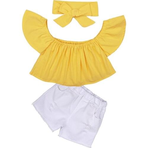 Hooyi Summer Cloth Set For Girls One Shoulder Shirt Tube Top Short Jeans Pants Headband 3 Pieces Fashion Off Shoulders Suits