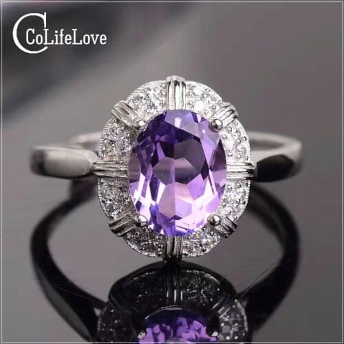 Classic Ametyst Ring 7mm*9mm Natural Amethyst Gemstone Silver Ring Solid 925 Silver Amethyst Ring for Woman Romantic Gift
