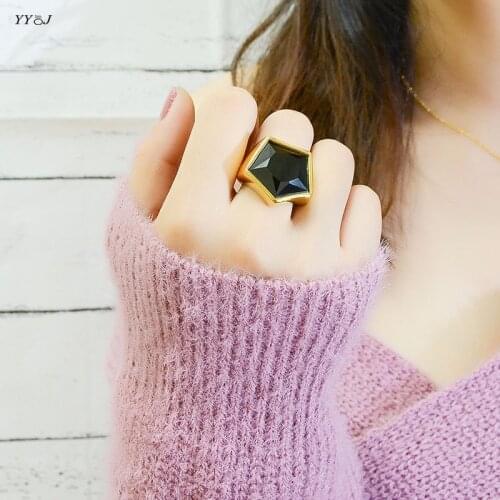 Pentagon black big stone chunky ring for women stainless steel rose gold statement cocktail ring hyperbole geometry