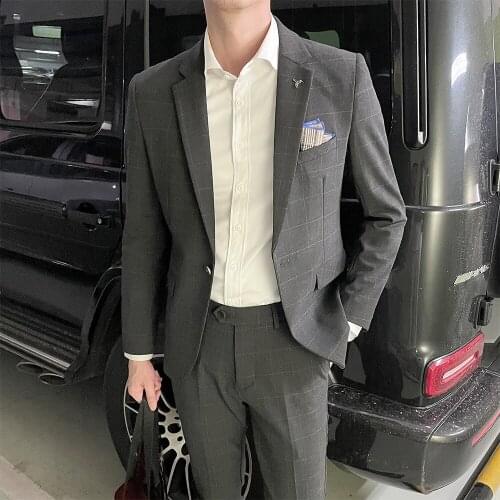 British Style Plaid 2 Pcs Set Jacket+Pants Wedding Suits for Men Striped One Button Slim Business Casual Social Male Clothing