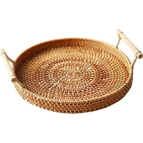 Rattan Storage Tray, Round Basket with Handle, Hand-Woven, Rattan Tray Wicker Basket Bread Fruit Food Breakfast Display L