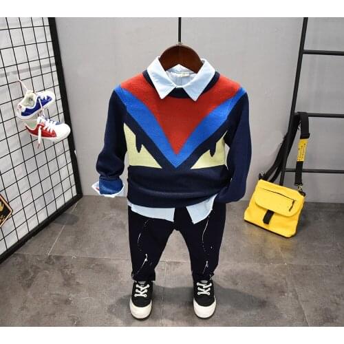 Fashion Autumn winter Children Boys Clothes Kids Cotton Knitting sweater + shirt + trousers 3Pcs/Sets Toddler Clothing Sets