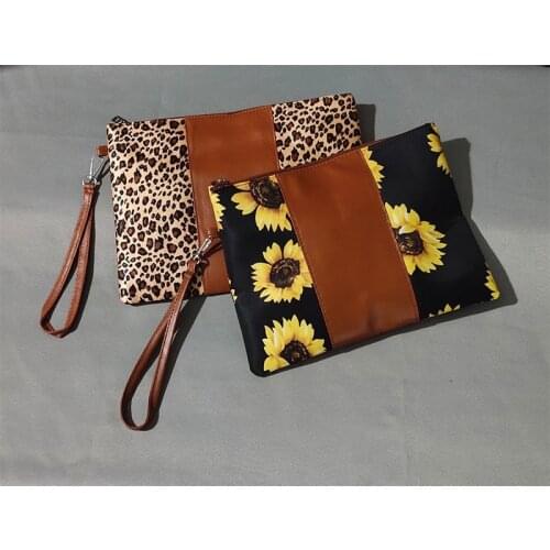 Fashion PU Leather Sunflower Wristlet Purse Buffalo Plaid Clutch Bag Women Leopard Cosmetic Bags