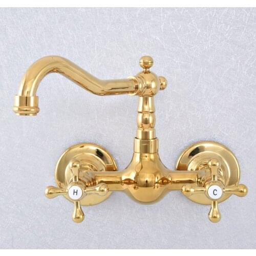 Wall Mount Luxury Gold Brass Double Cross Handles Swivel Spout Kithcen Sink Faucet Bathroom Mixer Tap Lsf617
