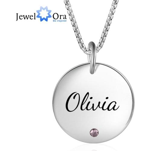 Personalized Engraved Necklace with Birthstone Custom Name Simple Round Pendant Women Stainless Steel Jewelry(JewelOra NE103308)