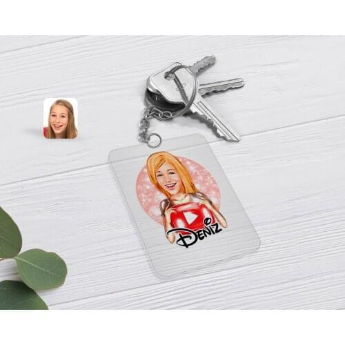 Personalized Women 'S Youtuber Caricature Of Transparent Plexiglass Anahtarlık-1