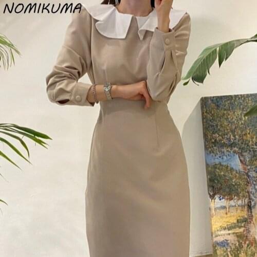 Nomikuma Woman Dress Chic Hot Color Ruffled Collar Korean Vestidos Femme 2021 Autumn New Long Sleeve Slim Waist Dresses 6L859