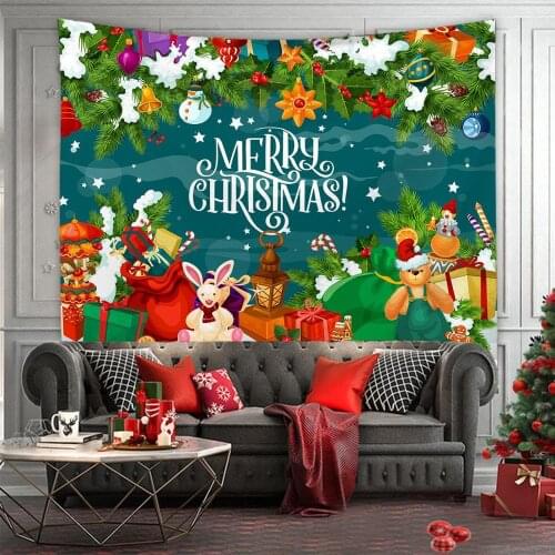 Merry Christmas Tapestry Xmas Gift Box Doll Cartoon Santa Claus Wall Hanging Bedroom Blanket New Year Family Holiday Party Decor