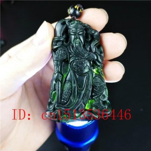 Certified Chinese Natural Black Green Jade Guan gong Pendant Necklace Fashion Hand-Carved Man Woman Amulet Gifts Sweater Chain